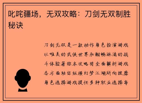 叱咤疆场，无双攻略：刀剑无双制胜秘诀