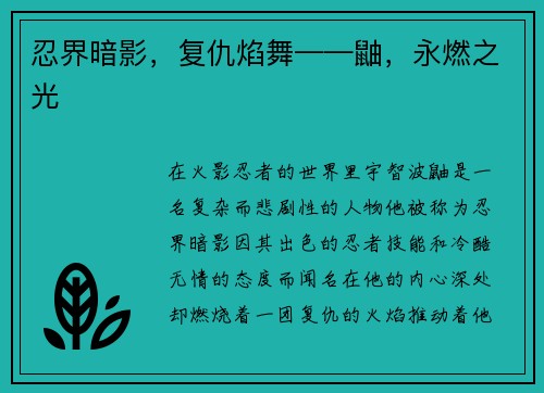 忍界暗影，复仇焰舞——鼬，永燃之光