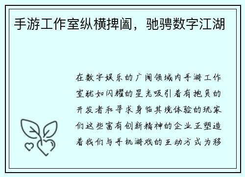 手游工作室纵横捭阖，驰骋数字江湖